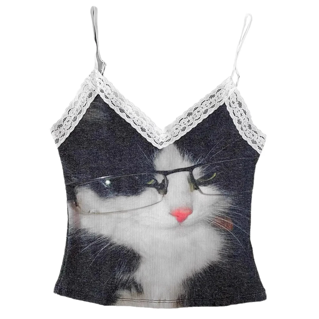 Ladies' Black Cat Lace Border Top Y2K Independent Style Cute Glasses Cat Pattern Slim Shoulder Strap Sleeveless Vest
