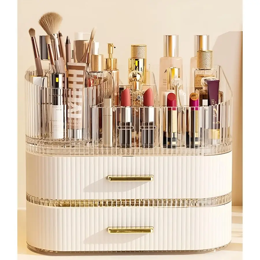 

Органайзер с ящиками и вращающимся на 360° держателем для кистей, большая емкость для хранения косметики для туалетного столика, ухода за кожей, духов, доступа к волос