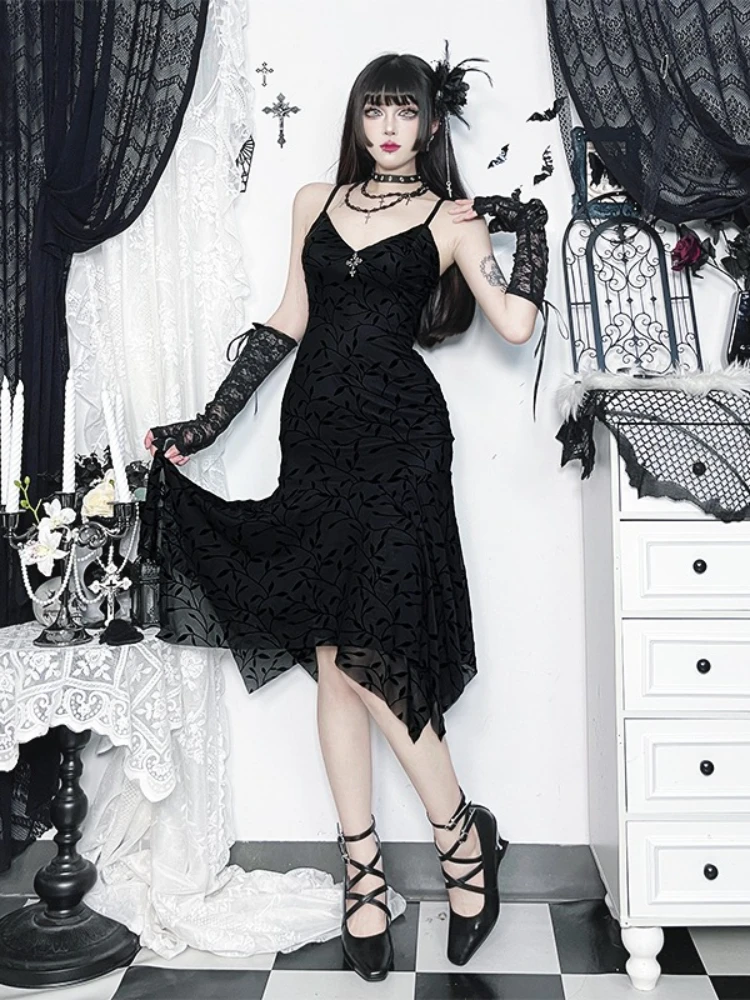 AltGoth Fairycore Grunge Gothic Flockingชุดผู้หญิงDark Vintage Elegantสปาเก็ตตี้สายคล้องคอเอวไม่สม่ําเสมอHemชุดหญิง