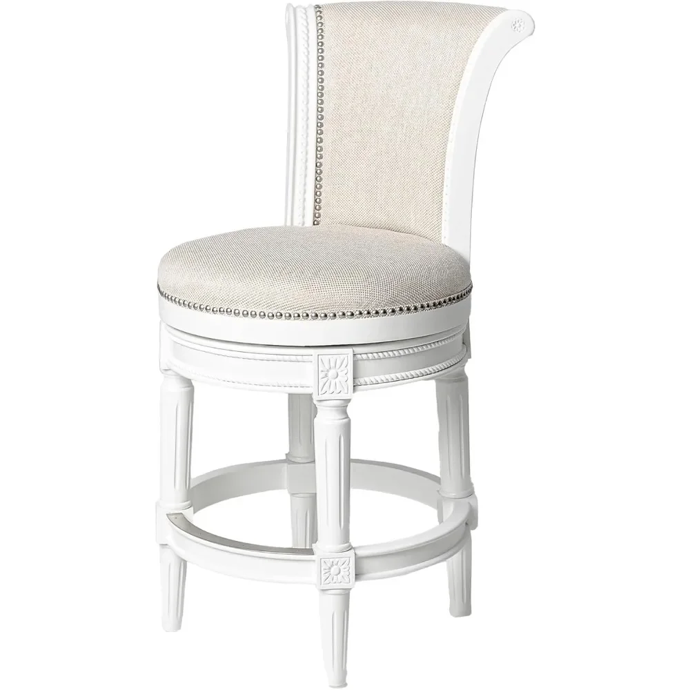 26 Inch Tall Counter Height Upholstered Barstool with Back in Alabaster Finish with Fabric Cushion Seat