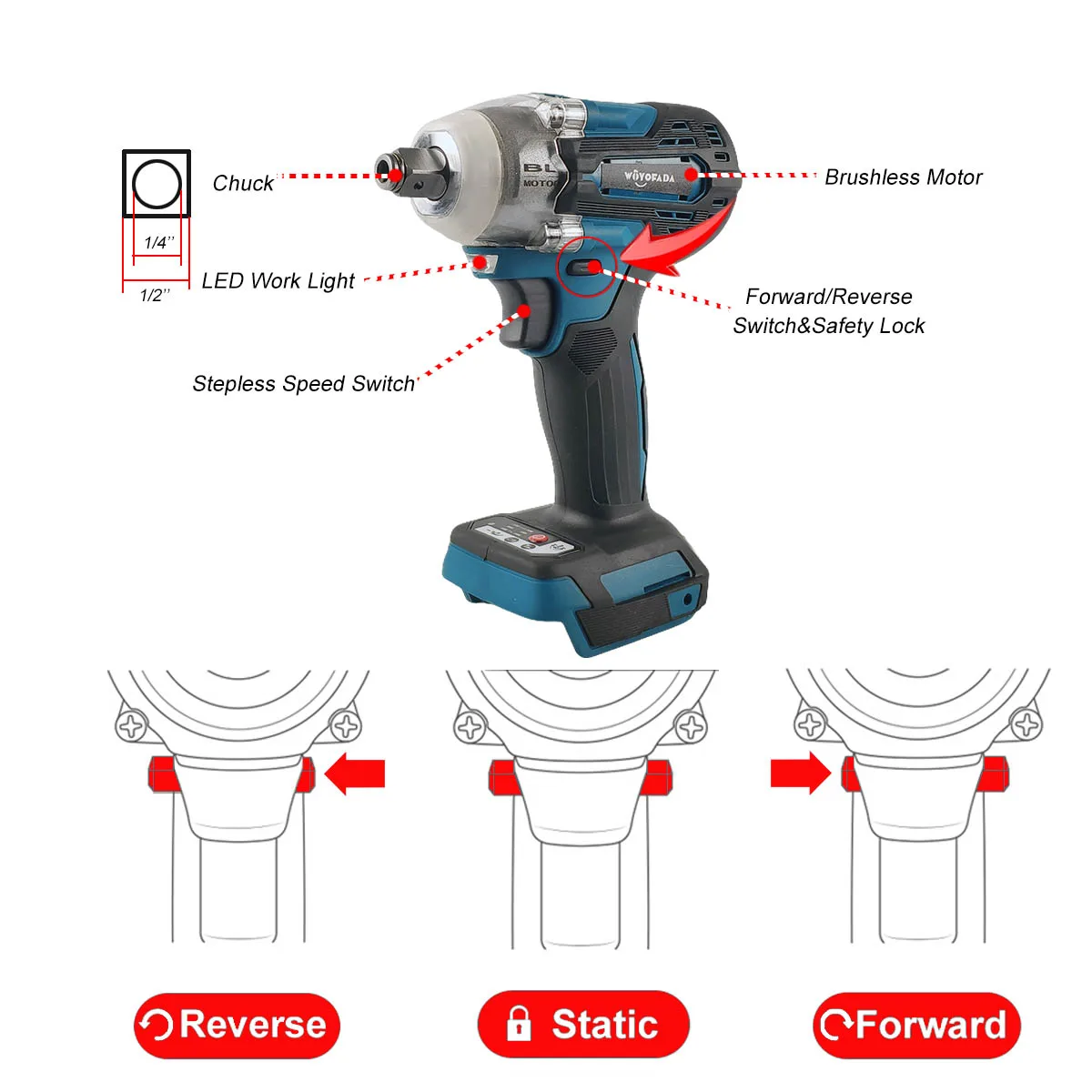 WOYOFADA 1/2 Inch Brushless Electric Impact Wrench Cordless Electric Wrench For Makita 18V Battery Screwdriver Power Tools