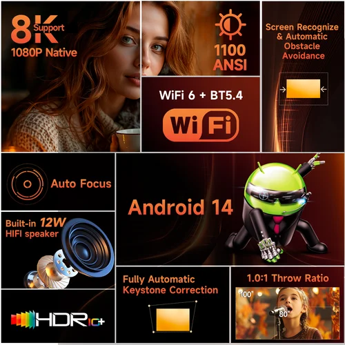 Imagen 2 del producto Magcubic HY450MAX 1100ANSI Android 14 Proyector portátil para exteriores 1080P Enfoque automático 8K Soporte WIFI6 Mini proyector de haz