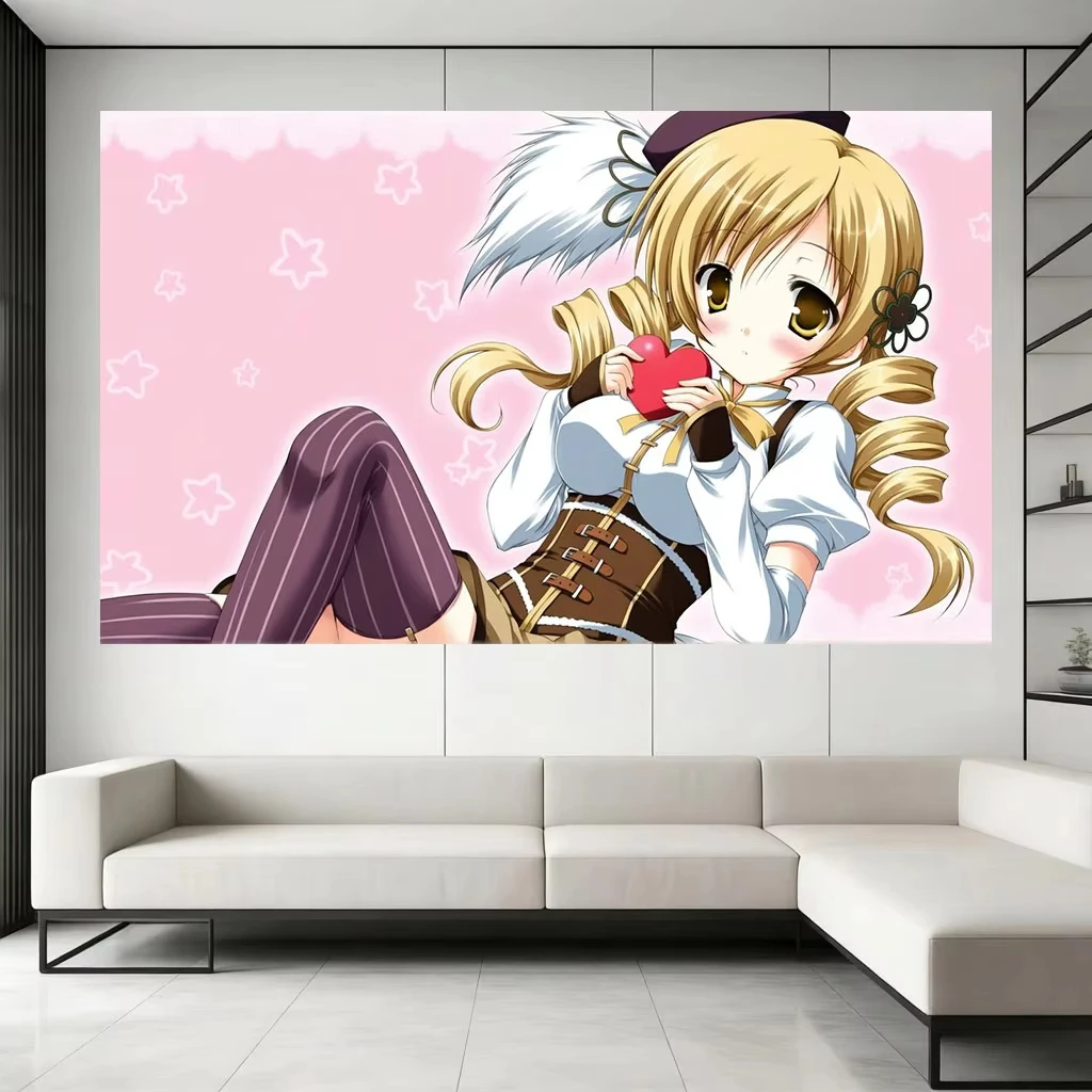 T-Tomoe Mami Tapestry with pink star print pastel-toned wall decor anime decoration for fans bedroom home room decorative