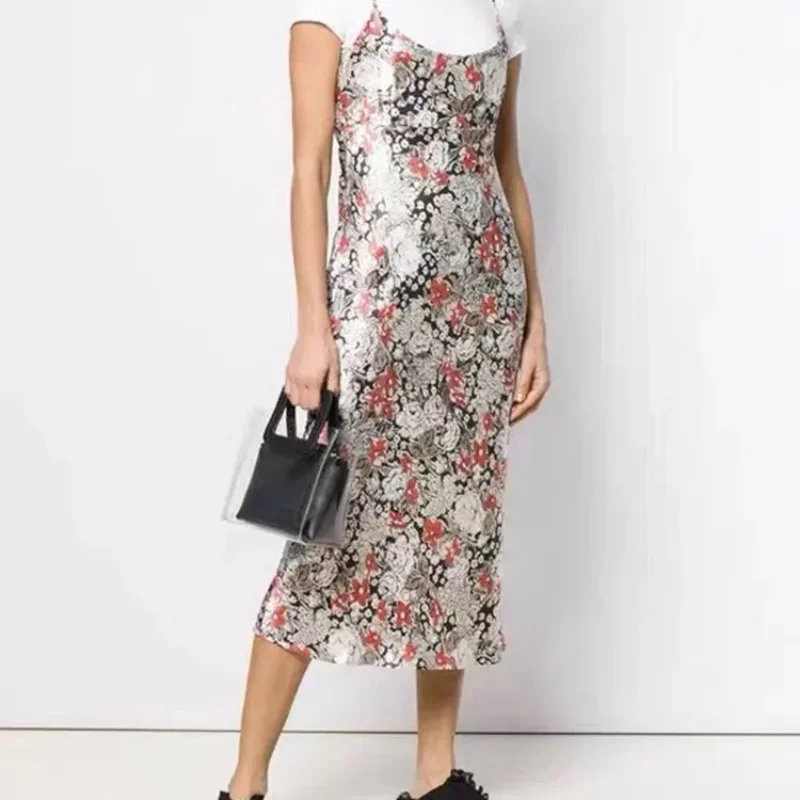 Heavy Satin Suspender Dress, Low-key Luxury, Ink Printing,drape Refined Temperament Sleeveless Suspender Dress 99.99% Viscose