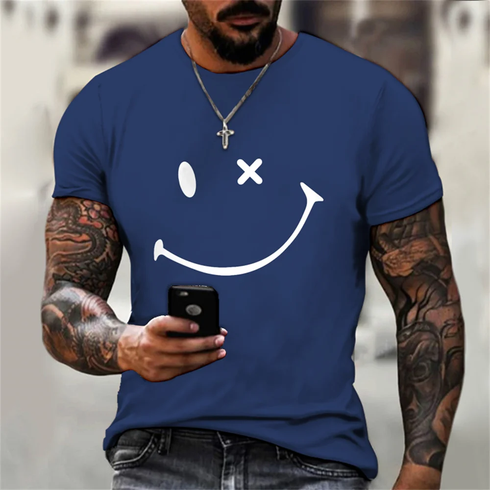 Classic Fashion Personality Solid Color Men\'s and Women\'s T-shirt Simple 3D Fun Smiling Face Printing Short Sleeve Top T-shirt