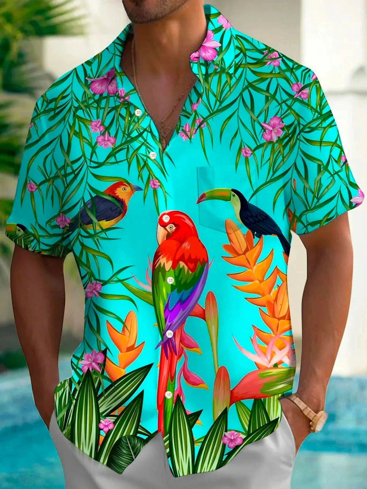 3D Flamingo Parrot Pattern Printed Hawaiian Men's Shirt Daily Leisure Fashion Unisex Turn-down Collar Buttoned Short Sleeve Top