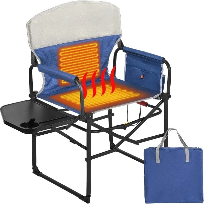 Oversized Outdoor Portable Heating Folding Chair with Side Table, Pocket fo，Heated Camping Directors Chair, Heavy Duty