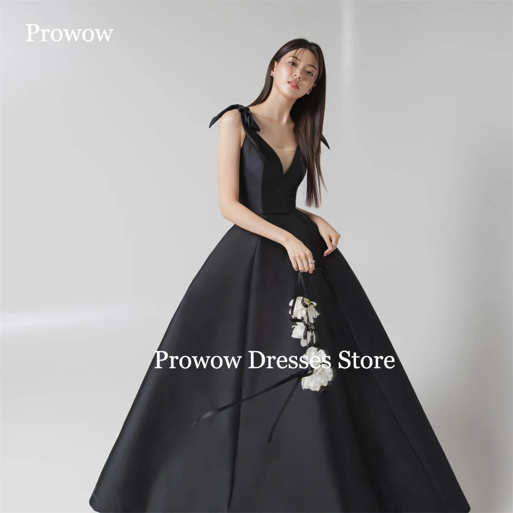 Prowow Simple Black Prom Dresses Korea Photoshoot Sweetheart A Line Wedding Party Gowns Floor Length Sleeveless Bows Customized