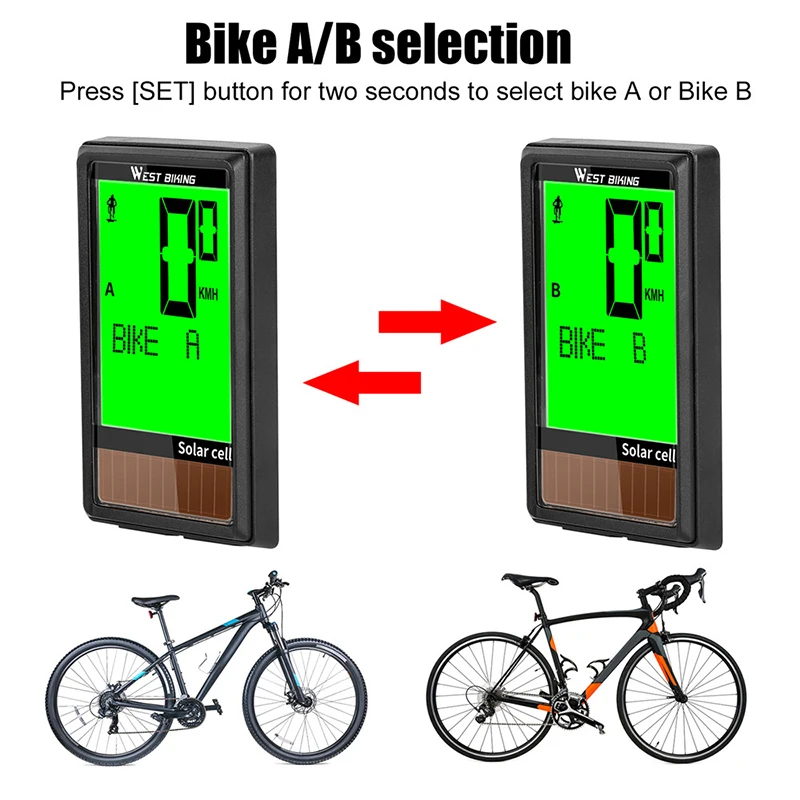 WEST BIKING 5 Languages Wireless Solar Bike Computer Auto ON/OFF Cycling Speedometer Waterproof Backlight Bicycle Stopwatch