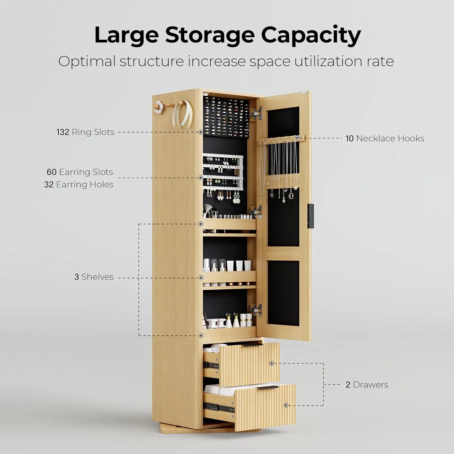 ايرونك 360 °   خزانة مجوهرات دوارة، خزانة مجوهرات مع مرآة كاملة الطول، منظمات مجوهرات واقفة مع درجين، بلوط