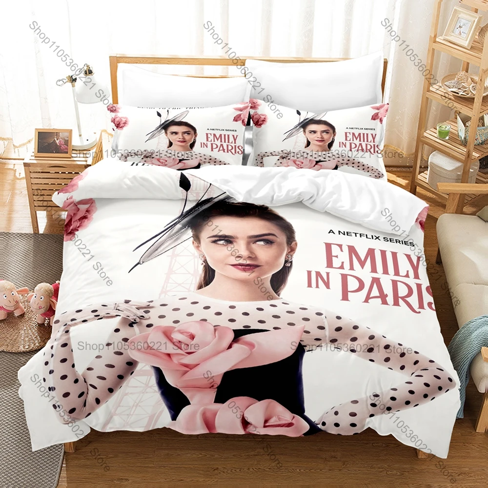 Cool Popular Romantic French Drama Emily In Paris Full Printed 3PCS Bedding Duvet Cover + 2 Pillowcases Teen Dorm Home Decoratio