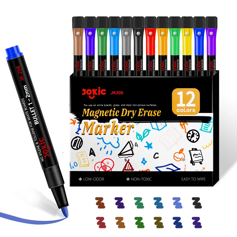 Color Whiteboard Marker Set,Erasable Water-Based,With Bristle Brush,Magnetic Children's Graffiti,12 Color Drawing Pen,Marker