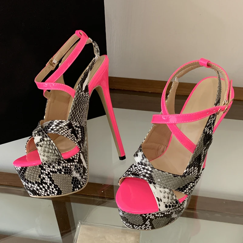 Liyke New Sexy Snake Print Leather Platform High Heels Sandals Women Fashion Peep Toe Buckle Strap Stiletto Party Dress Shoes image 6