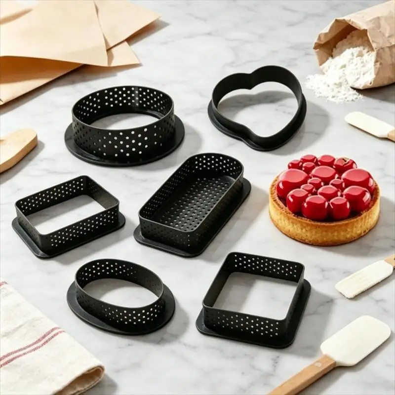 Household DIY Tart Ring Non Stick Perforated Cake Pie Mold Heat-Resistant Mousse Circle Ring Kitchen Baking Tools
