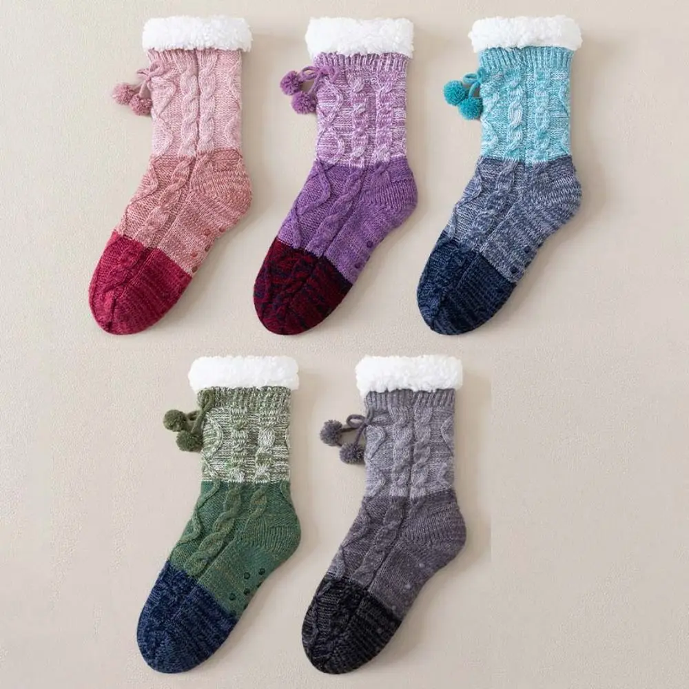 

Sweet Patchwork Thick Thermal Socks Knitted Warm Plush Floor Socks Hosiery Anti Slip Fleece Socks Women Indoor