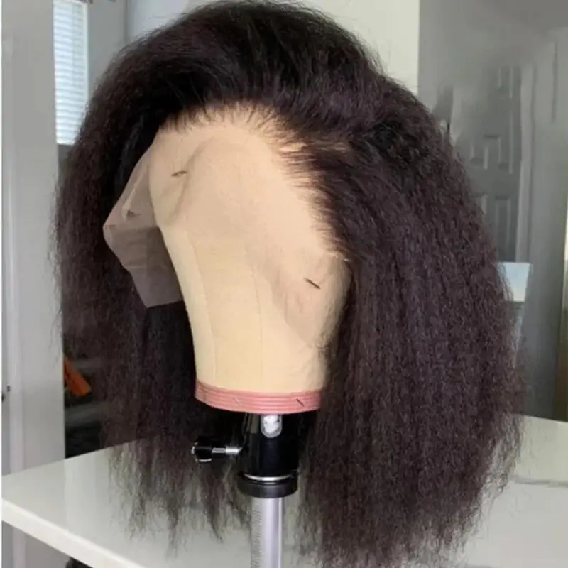 شعر مستعار ناعم أسود 180 كثافة ياكي غريب مستقيم طويل 26 بوصة باروكة أمامية من الدانتيل للنساء شعر أطفال صناعي طبيعي #4