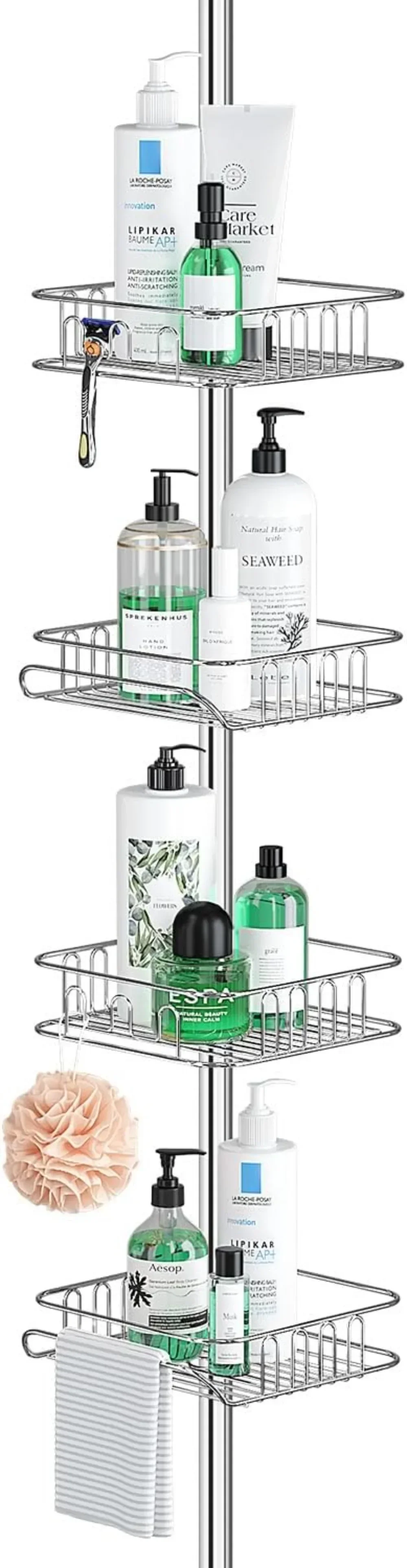 

Corner Shower Caddy Tension Pole with 4 Adjustable Baskets for Shower Accessories, 61.3 to 113 Inch Height, Stainless