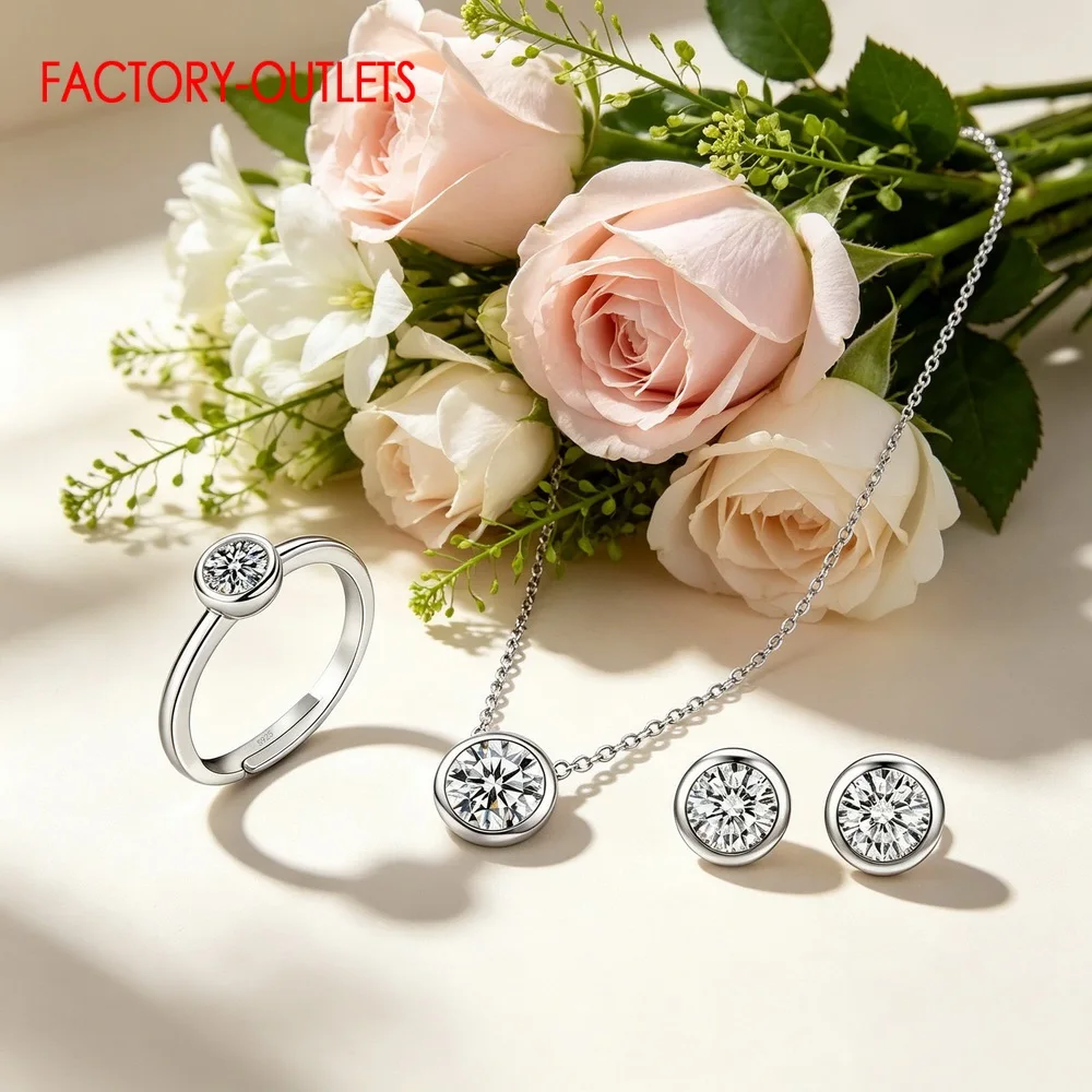 Genuine 925 Sterling Silver Jewelry Set Shinning Round Zircon Pendant Necklace Earring Ring Sparkling Crystal Jewelry for Women