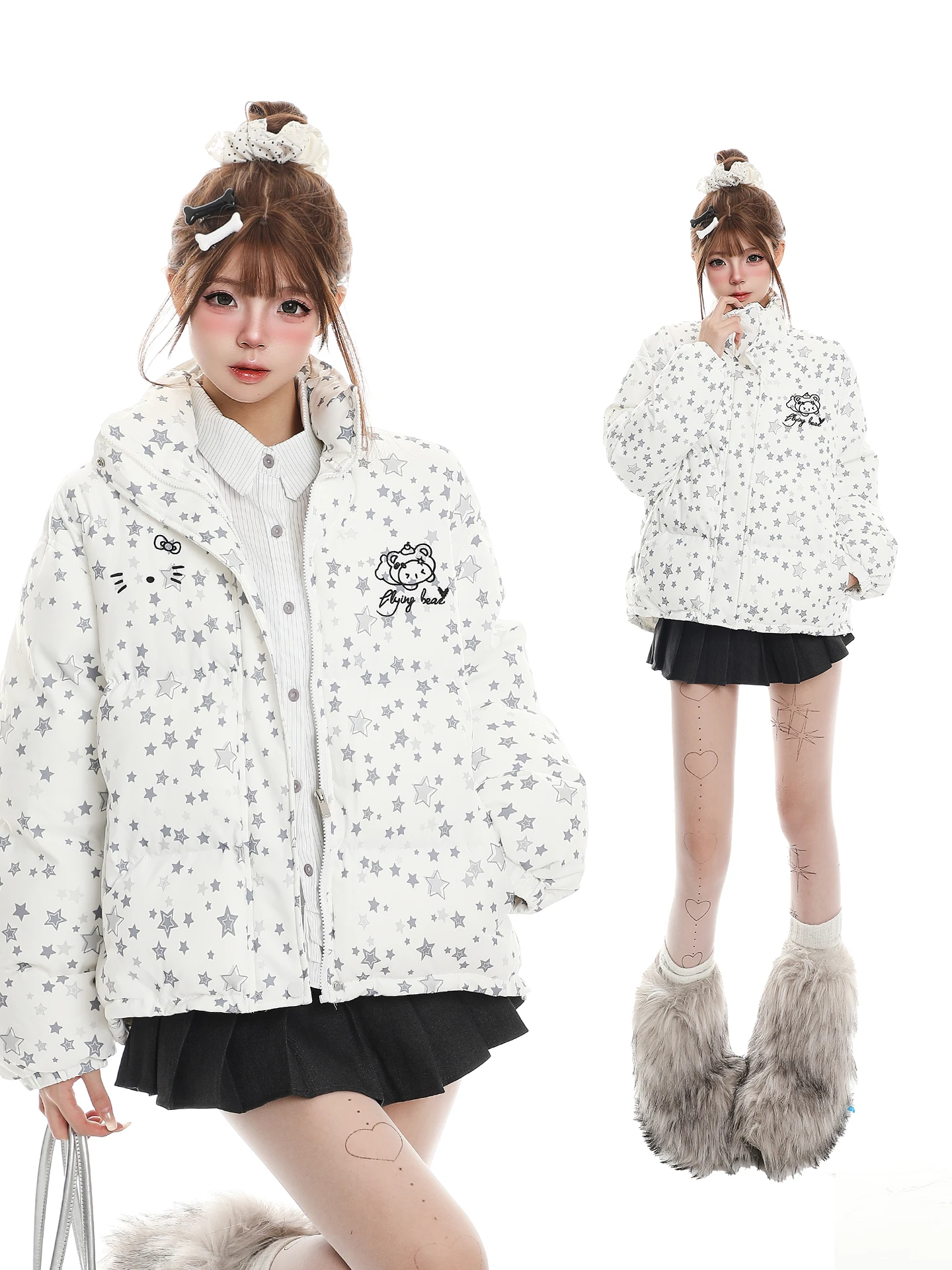 

Thiened Cotton Jaet Women's Winter New Sle Lazy Faion Stand Collar Embroidered Star Print Warm Outerwear Coat