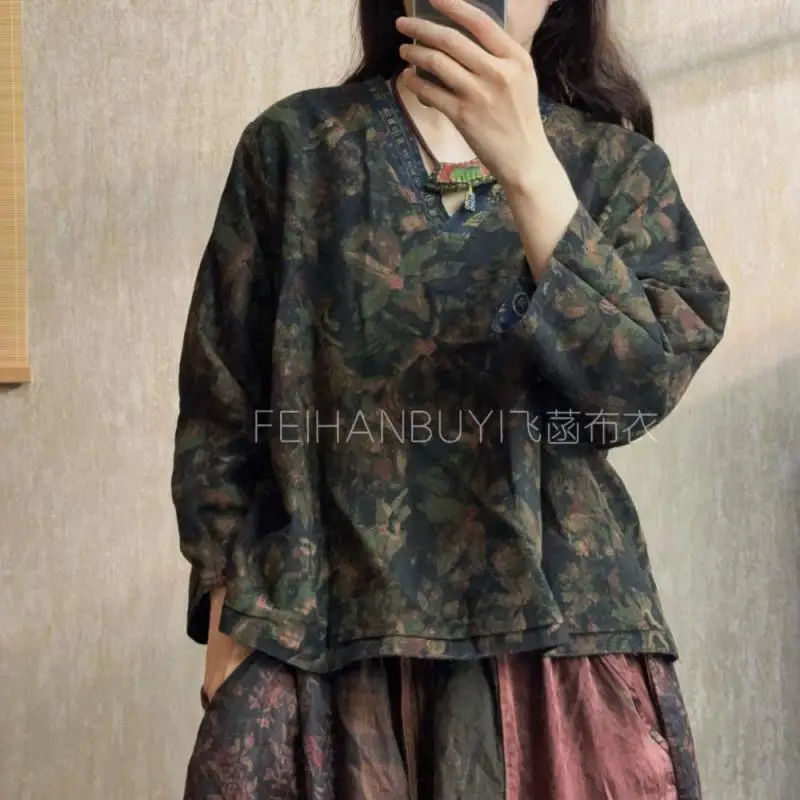 Spring Autumn Arts Style Women Long Sleeve V-neck Loose Tops Tees All-matched Casual Double Pockets Vintage Print T-shirt F59