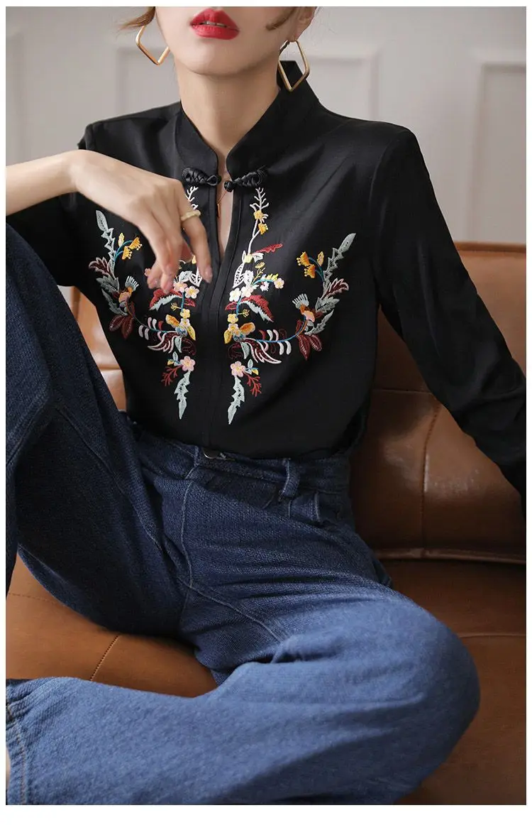 French Simulation Silk Shirt with a Female Design Sense Niche Chinese Style Heavy Industry Embroidery Commuting Retro Chinese