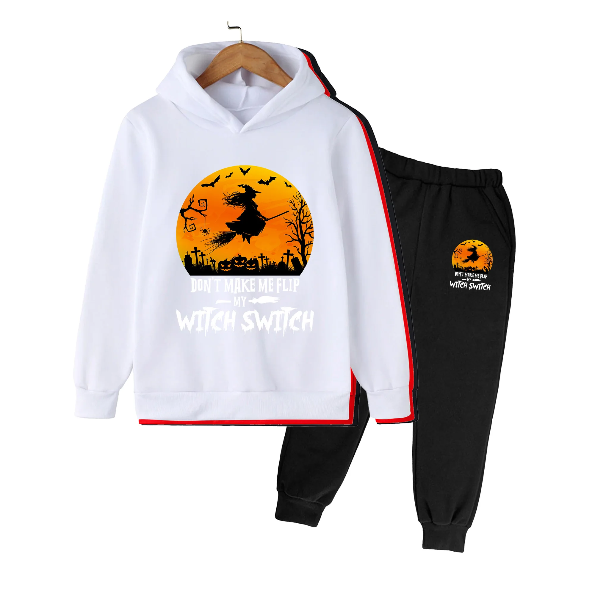 Halloween Kids Hoodie & Sweatpants Set, Witch Pumpkin Print Outfit for Boys Girls, Casual Party Wear