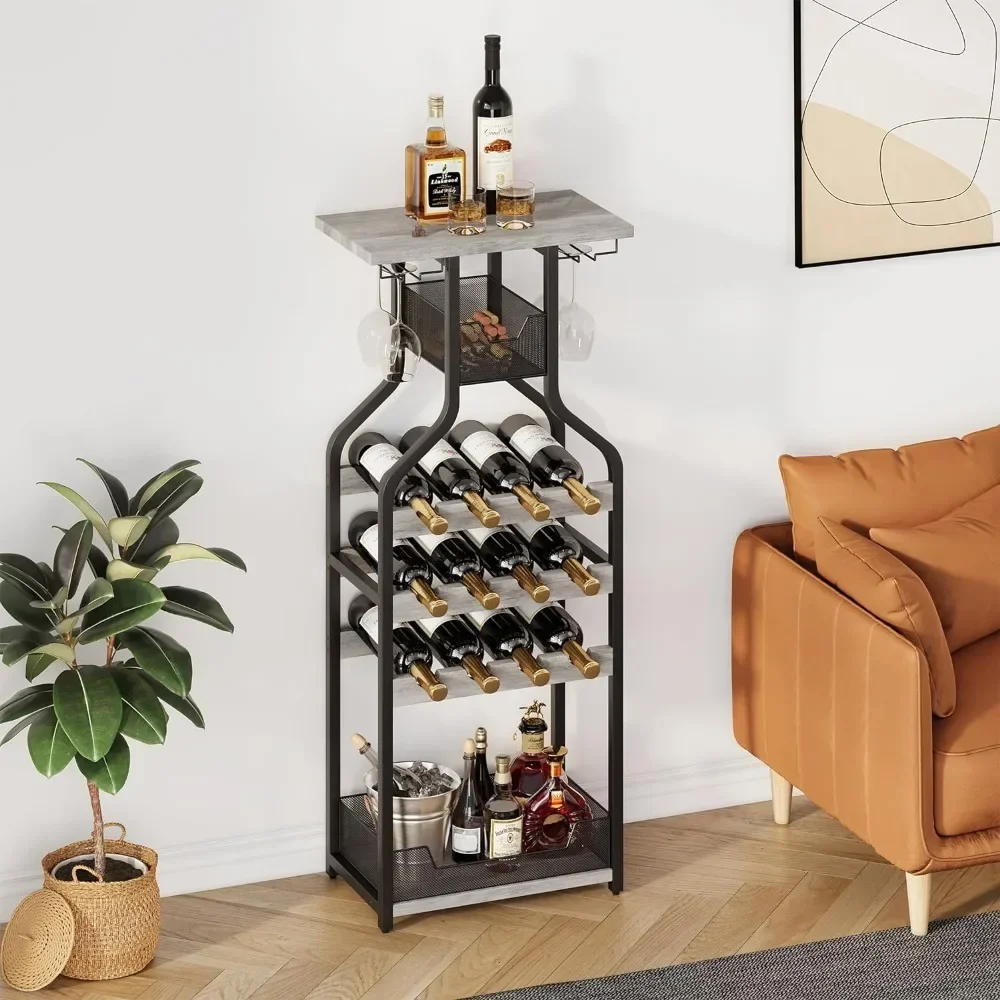 Wine Rack Freestanding Floor,Metal Wine Rack Bottle Holders Stands for Floor,Grey Bar Stand Storage Organizer Display