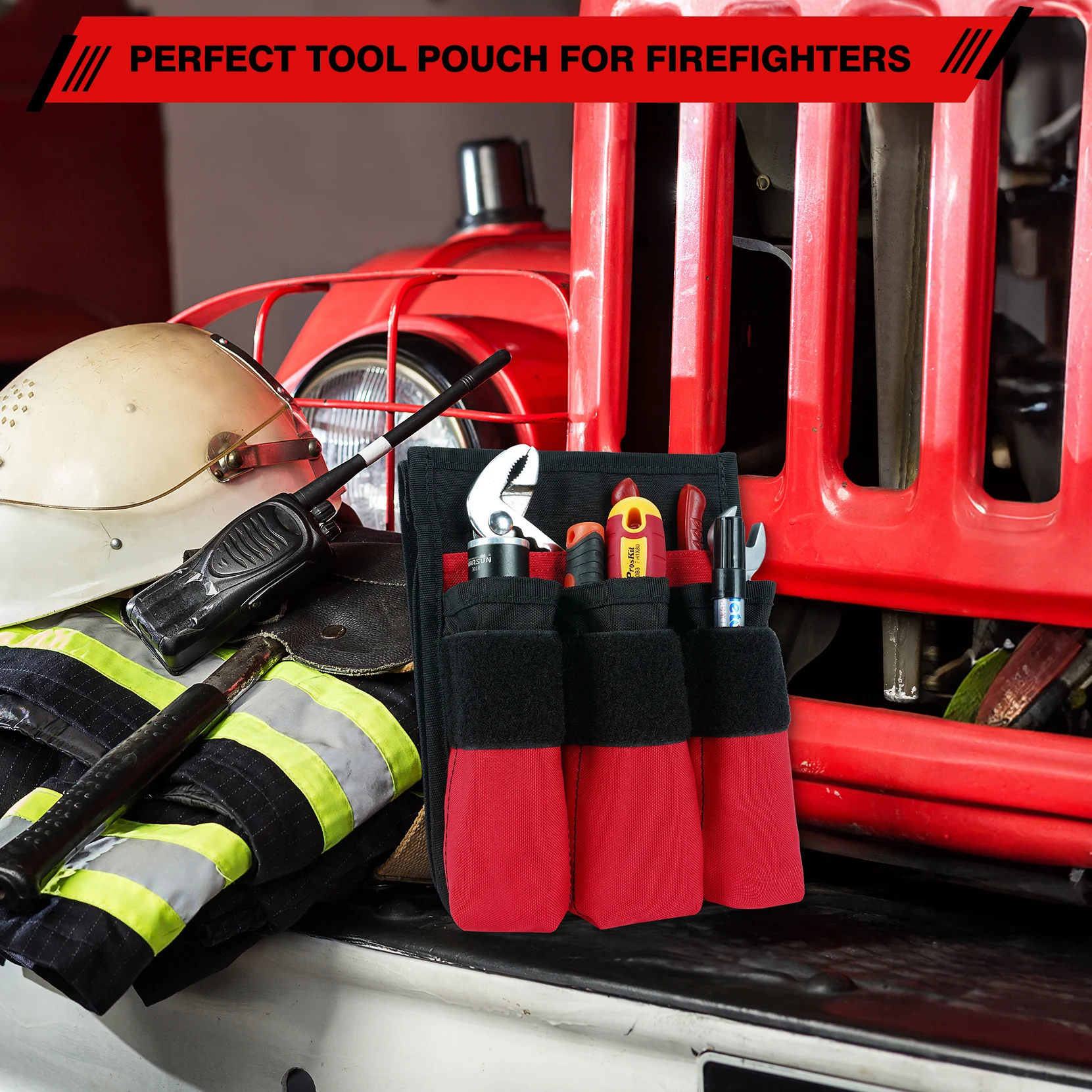 7-Pocket Firefighter Tool Pouch with Carry Handle and Flap, Fits in Bunker Gear Pocket, Tool Organizer