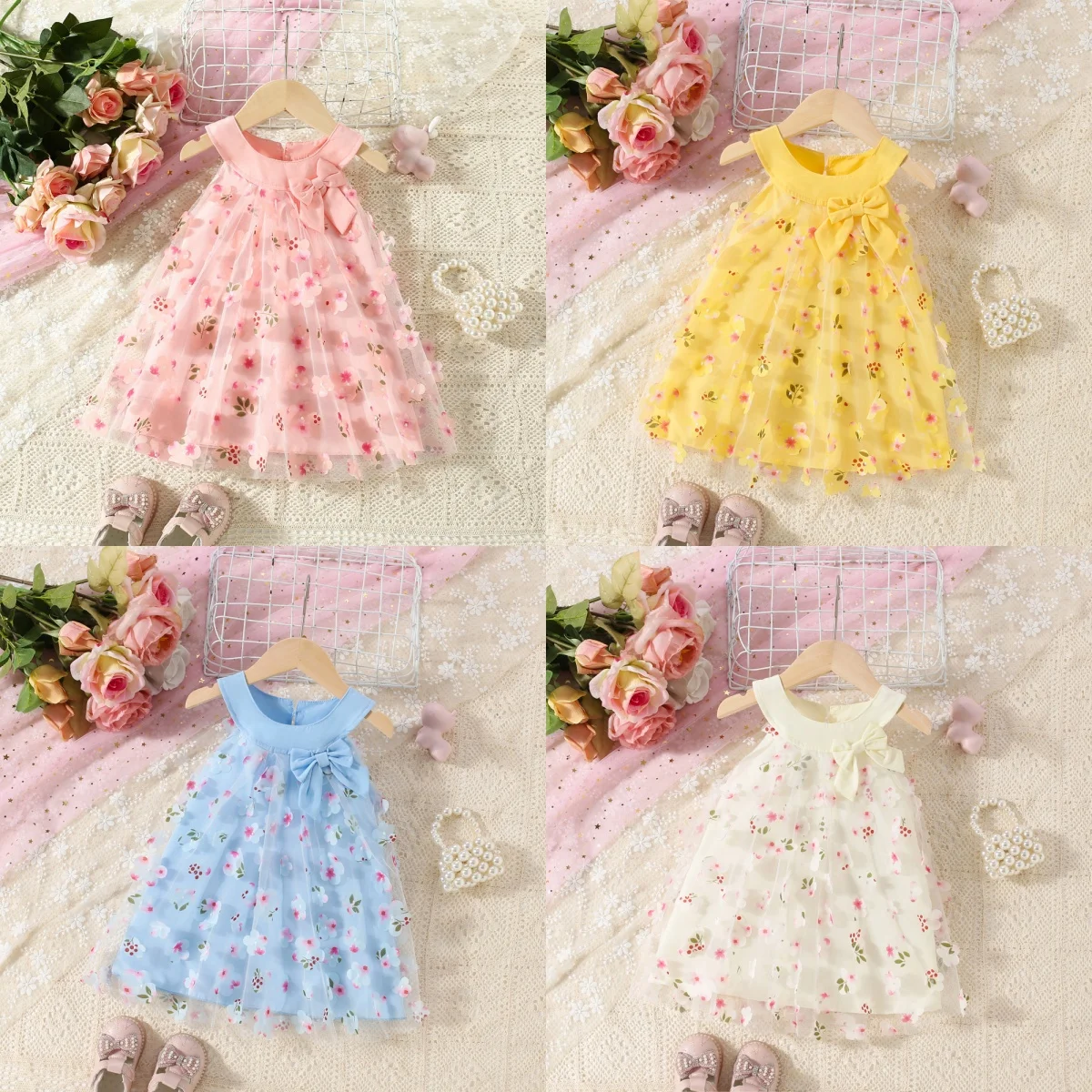 

Платья для маленьких девочек, летние сетчатые платья принцессы с цветочным принтом, свадебные костюмы с бантом для девочек