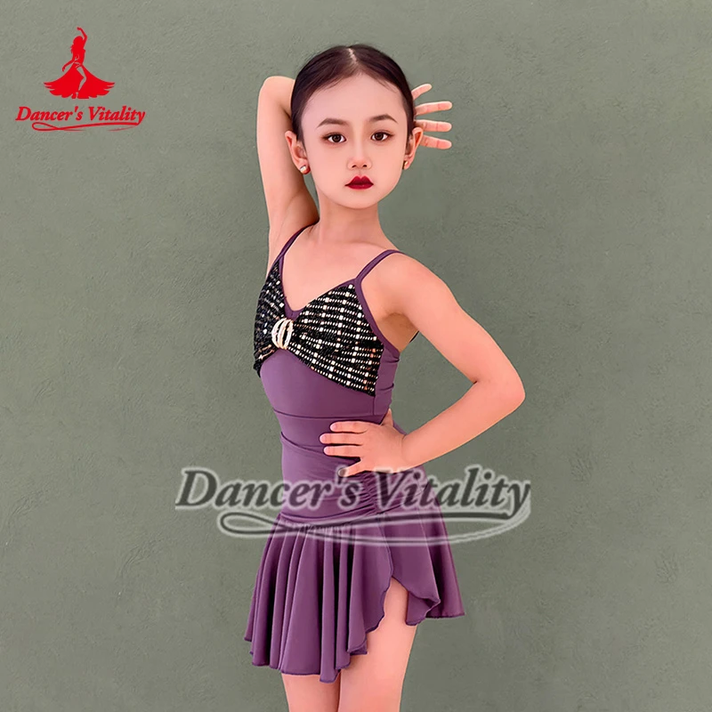 ชุดเต้นลาตินแบบสองชิ้นสำหรับวัยรุ่น แขนกุด สายเดี่ยว ปรับระดับสายคล้องไหล่ได้ เหมาะสำหรับการแข่งขันและการแสดงชุดเต้นชาชา แซมบ้า