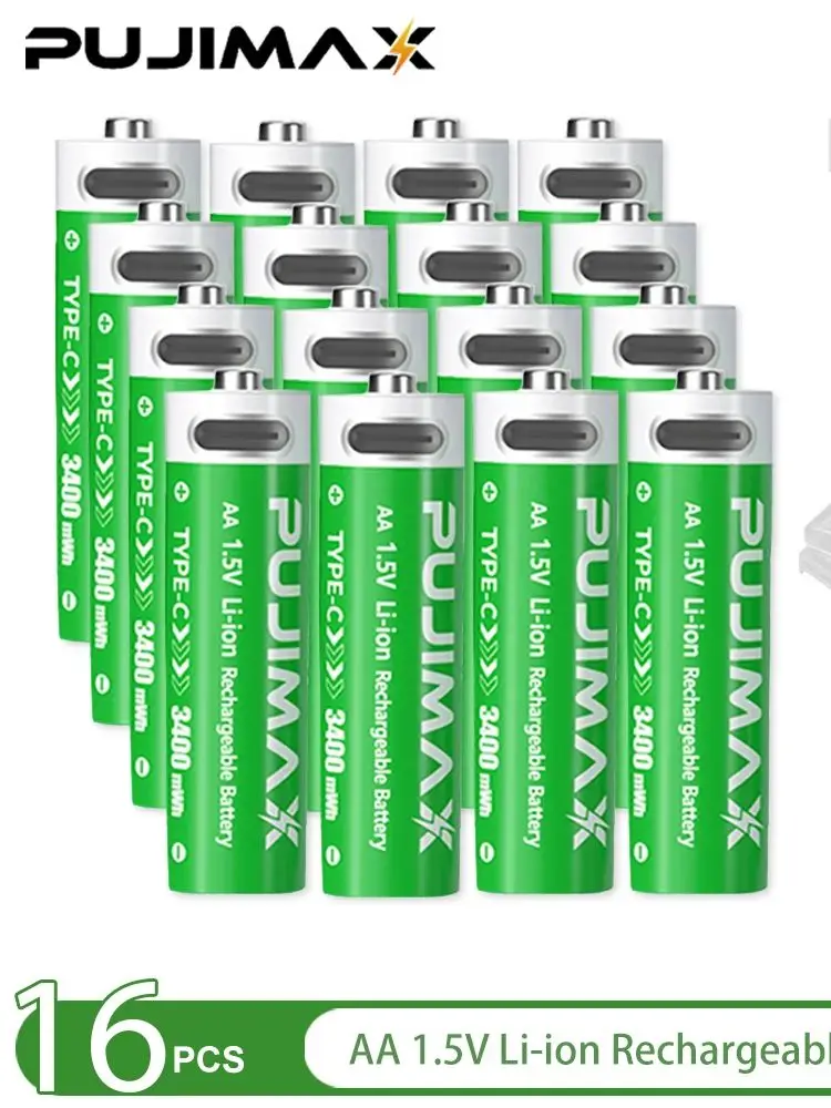 PUJIMAX 1,5 V AA en AAA oplaadbare lithiumbatterij 3400 mWh/1100 mWh, Type-C-poort Opladen worden hergebruikt 1500 keer voor wekkers - afbeelding 2