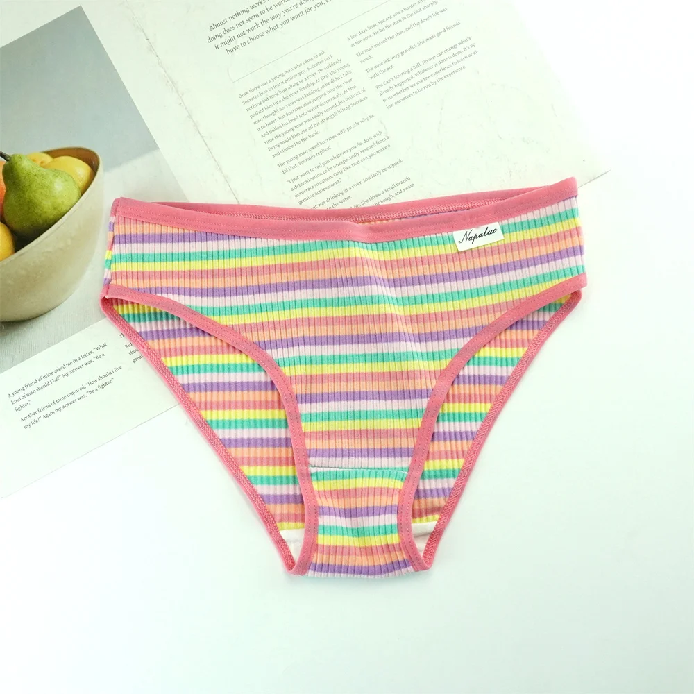 3dílné duhové pruhované dámské žebrované bavlněné kalhotky s nízkým pasem, dívčí pohodlné kalhotky, dvouvrstvé bavlněné rozkrokové bikiny - náhled 3