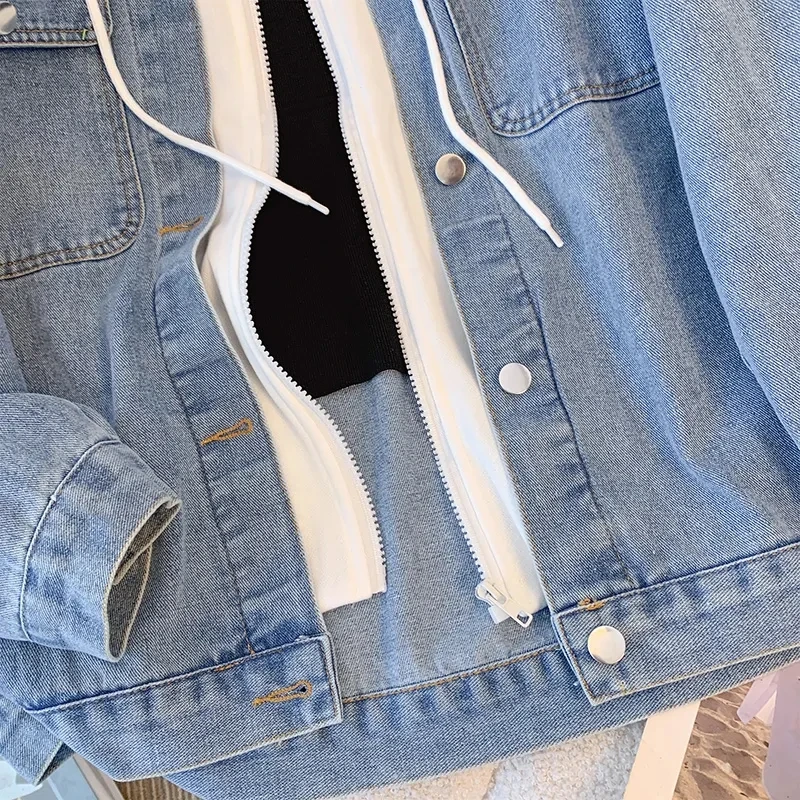 

Женская джинсовая куртка весна-осень, новая, с капюшоном, свободного кроя, имитация двухслойности, ретро, универсальная, верхняя одежда