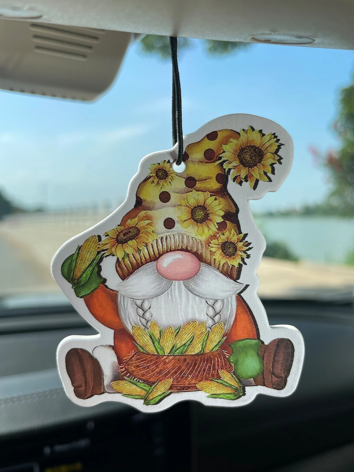 Fall Harvest Gnome Sunflower Corn Hanging Car Air Freshener, Natural Plant Extract Alcohol‑Free Scented Paper Card, Long Lasting