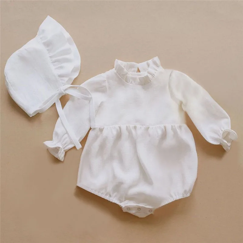 Baby Girl Clothes Solid Color Long Sleeve Baby Clothing Jumpsuits 0-24M 100% Cotton Linen Newborn Baby Girl Rompers