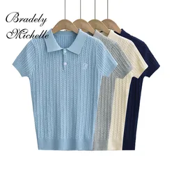 Embroidered POLO Collar Single-breasted Knit Spring Women Long Sleeve Tops Sexy Pullover Bottoming Blouses T-shirt