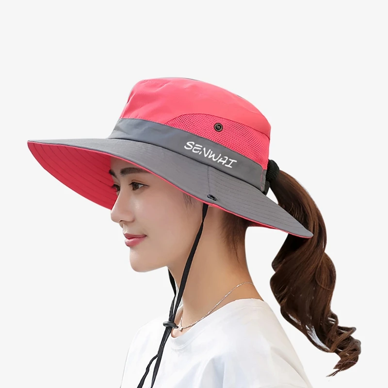 Bucket Hat Wide Brim Quick Drying Packable Foldable Sunshade Sun Ponytail Cap With Chin Strap