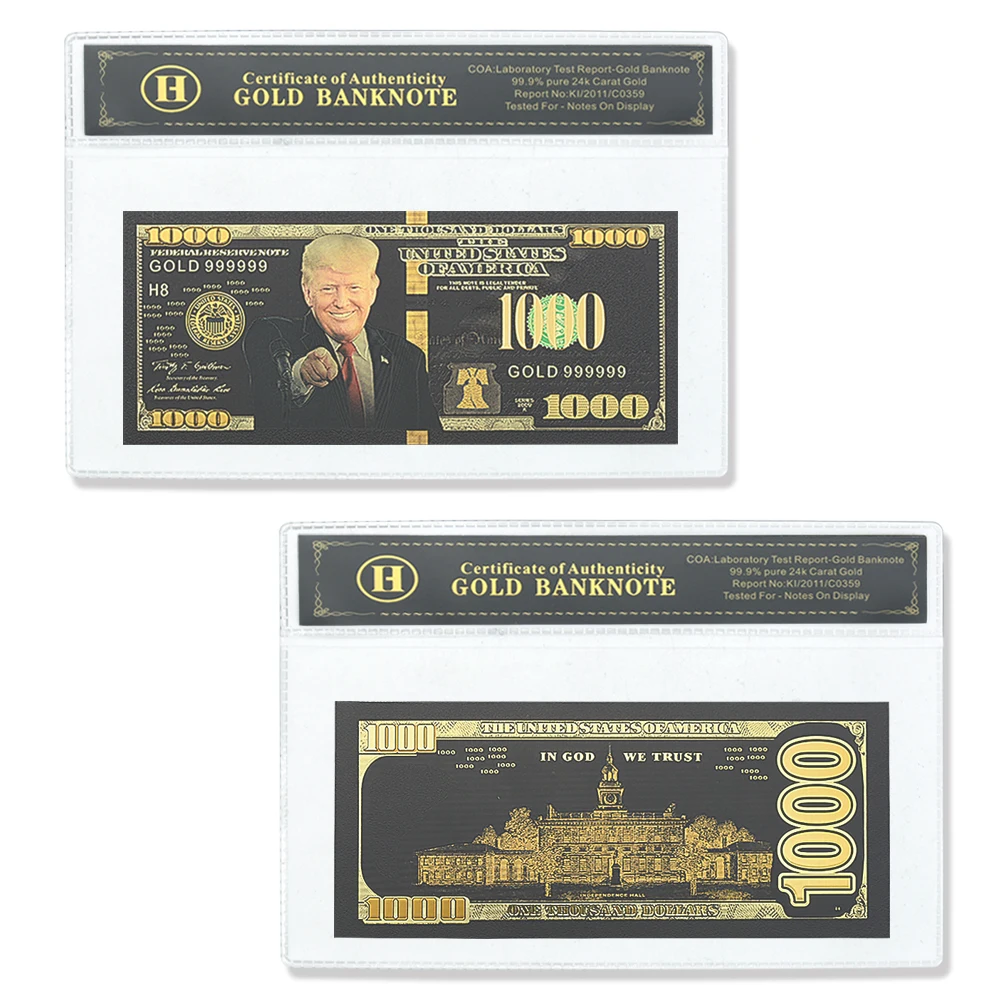 Trump 1000 Dollars Gold Foil Banknotes with Plastic Ferrule Gold Banknotes Nice Ary Craft Home Decoration