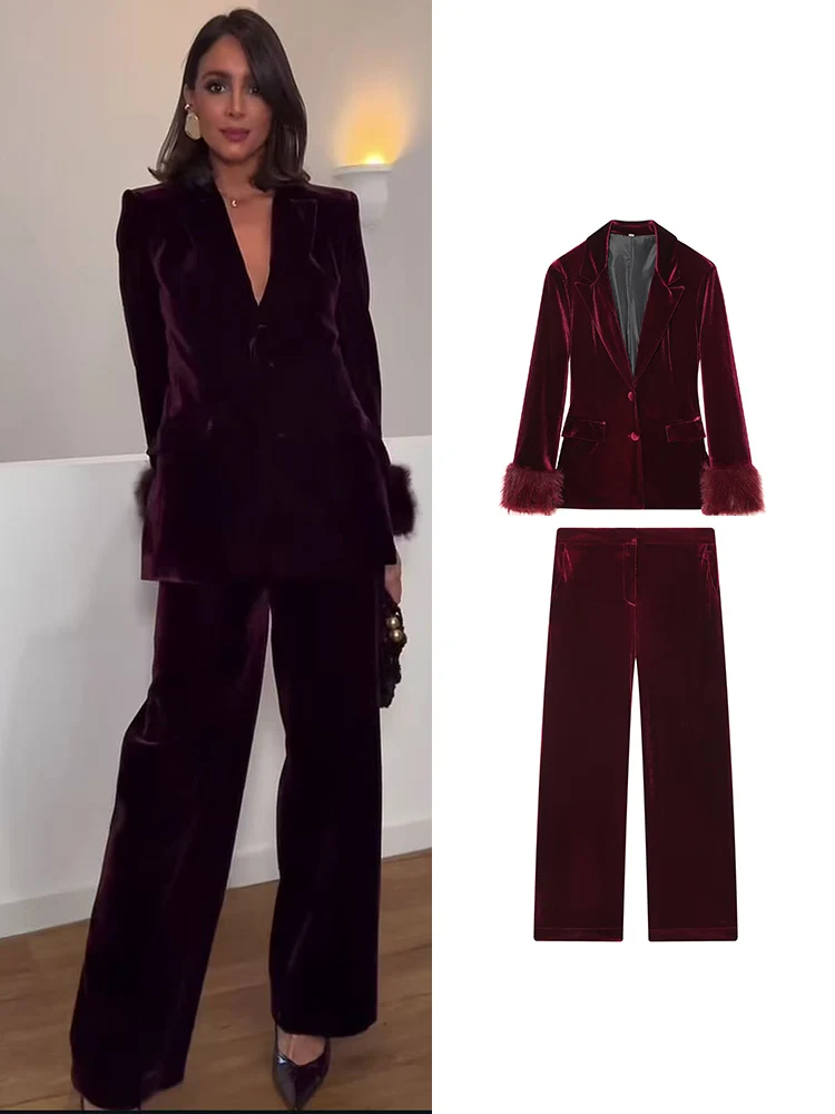 

TFMLN Women Elegant Velvet Suit Coat Pants Set V Collar Fur Patchwork Blazer Wide Leg Trousers Winter Fashion Holiday Outfits