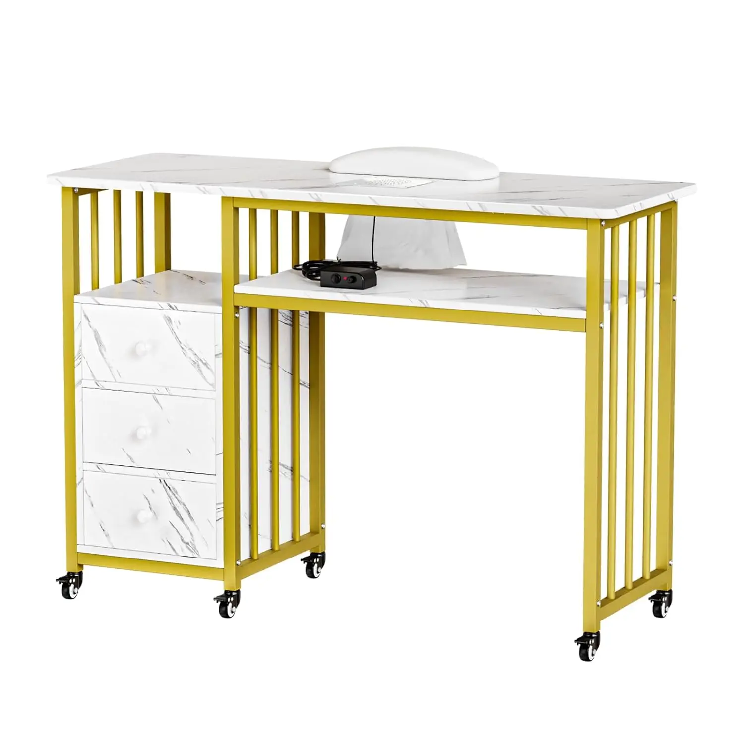 Omysalon Manicure Table With Dust Collector, White Marbling Nail Desk For Nail Tech, Makeup Storage For Beauty Salon,