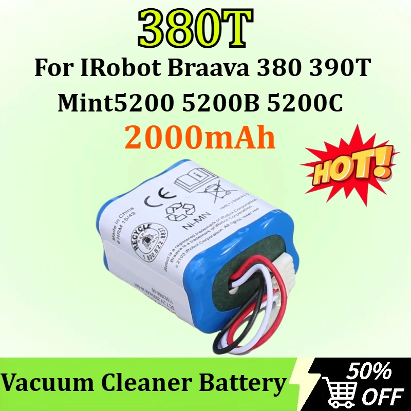 

7.2V NI-MH 2000mAh 380T Vacuum Cleaner Battery for IRobot Braava 380 390T Mint 5200 5200B 5200C Upgraded 3500MAH NI-MH Battery