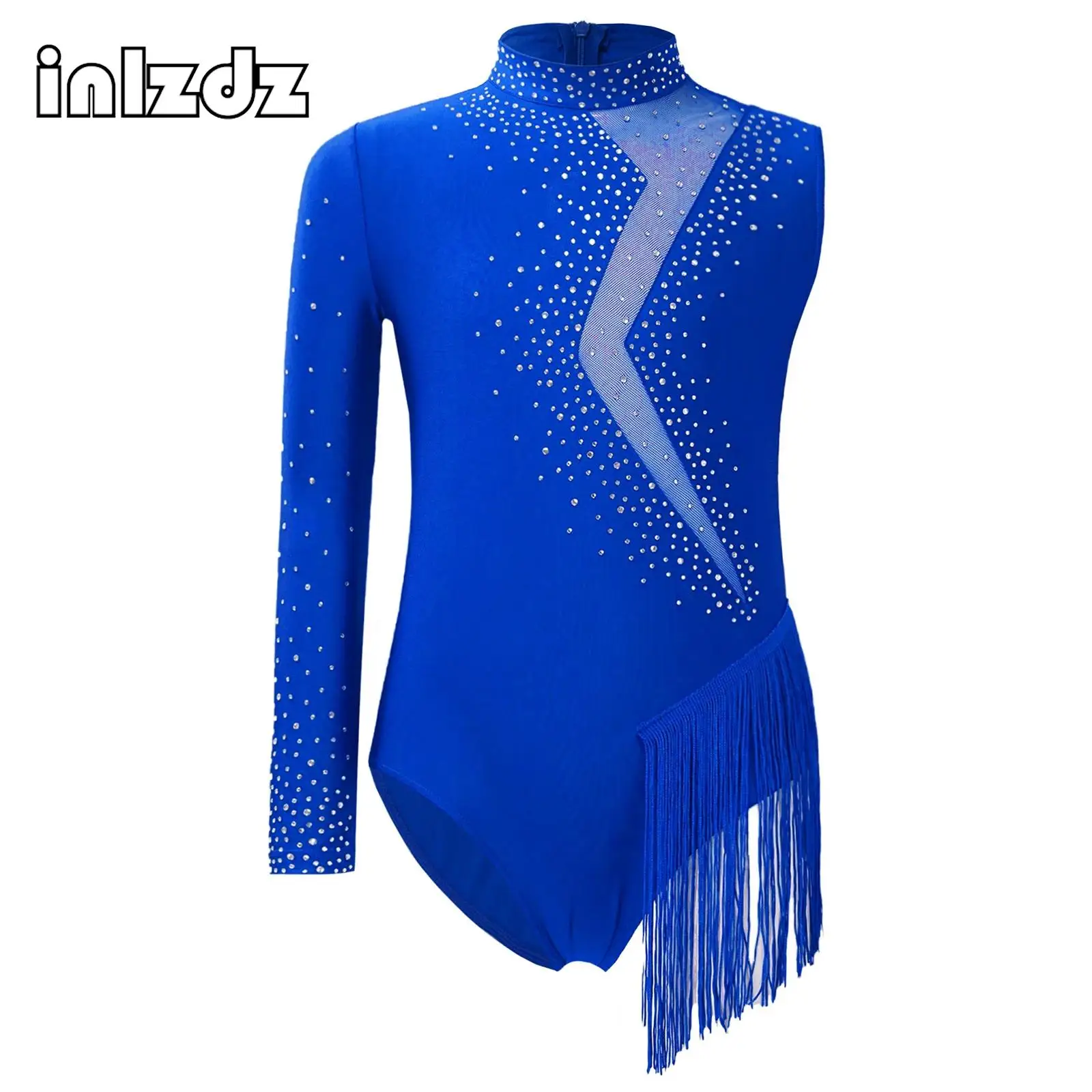 

Kids Asymmetric Fringed Dance Leotard Girls Rhinestones Mesh One Shoulder Long Sleeve Tassel Bodysuit for Latin Figure Skating