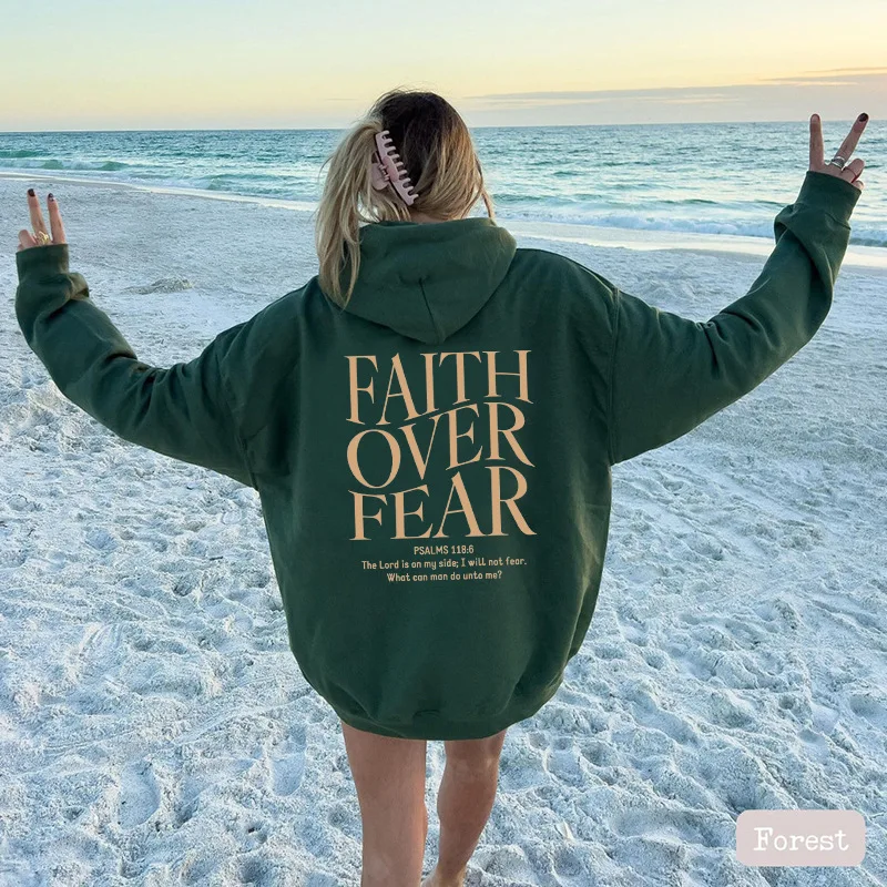 FAITH OVER FEAR Autumn European and American foreign trade simple plain color letter printed hooded men\'s and women\'s top hoodie