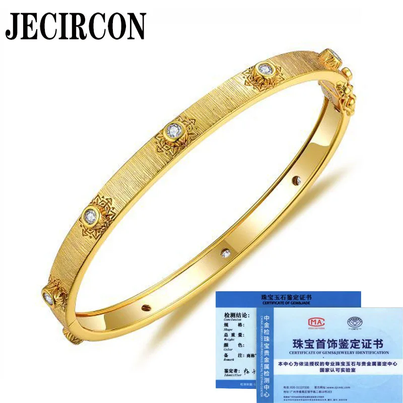 

JECIRCON 18K Gold Bangle for Women Ytalian Vintage Brushed Bracelet 2.3MM Round Moissanite S925 Sterling Silver Jewelry 0.45ct