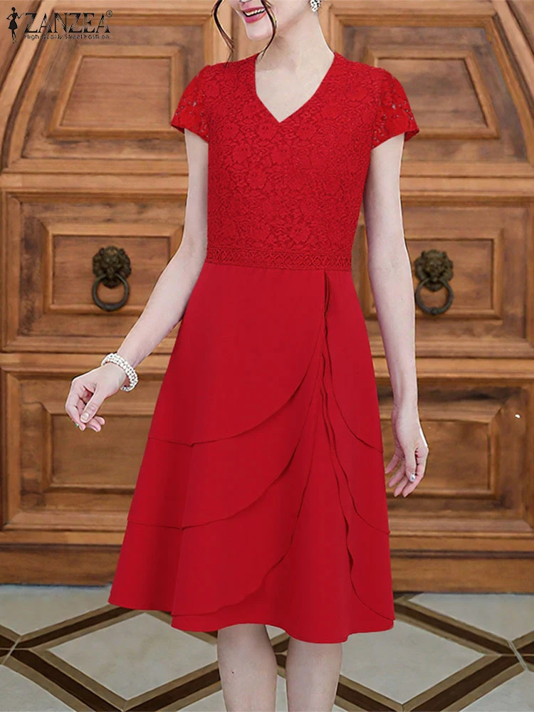 ZANZEA 2025 Elegante V-hals Feestjurk Vrouwen Stijlvolle Kant Patchwork Jurken Korte Mouw Werk Zonnejurk Solid Midi Vestido Gewaad