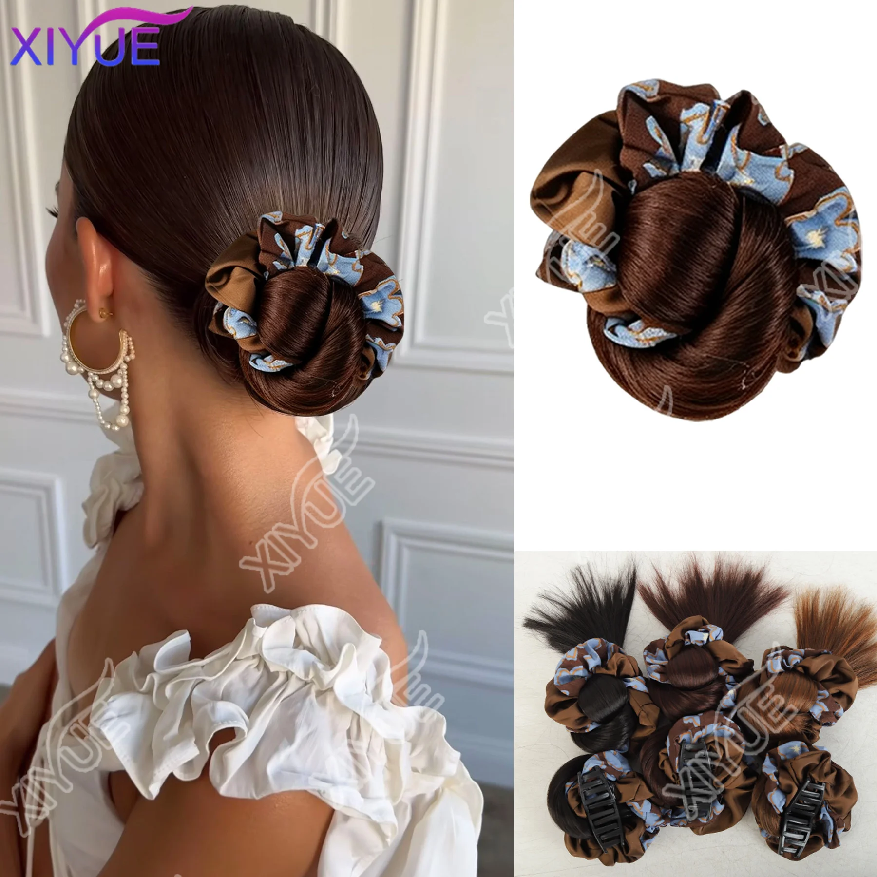 XIYUE synthetic grab clip Retro Brown Mist Blue Island bun wig women's low-tie meatball head heat-resistant bun hair accessories