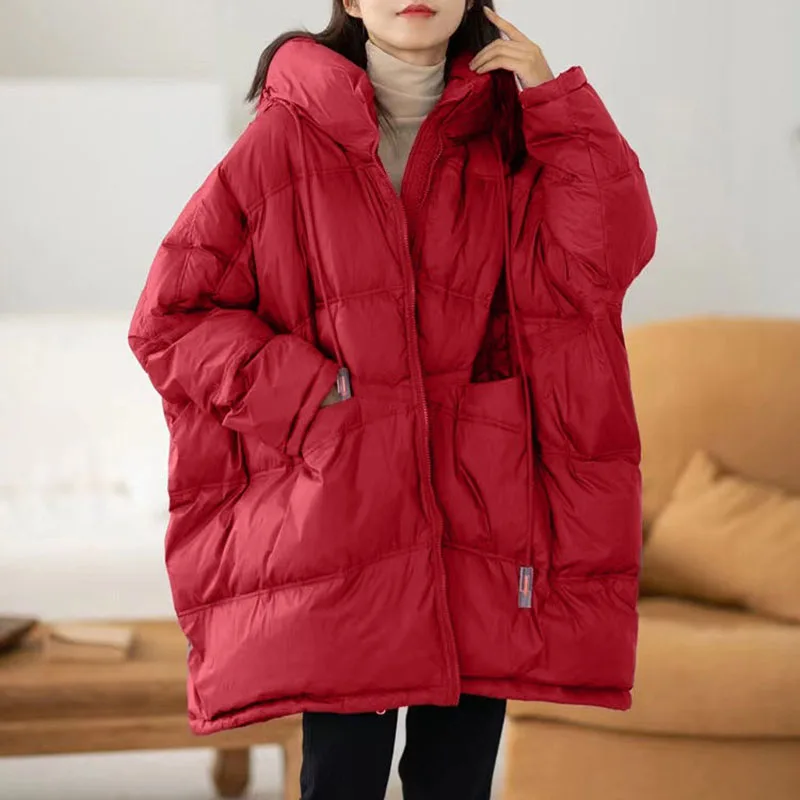 

Свободный женский пуховик, зимний теплый женский пуховик с капюшоном и длинными рукавами, новинка 2025 года, высококачественный утолщенный белый утиный пух H482