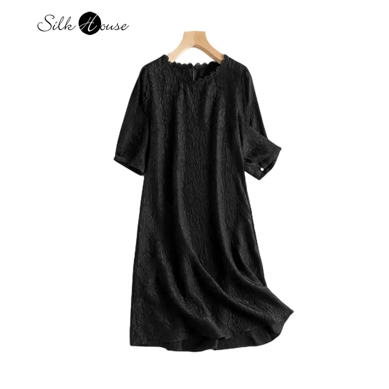 

Heavy Industry Embossed Jacquard Mulberry Silk Crown Crepe Solid Color High Grade Medium Length Women's Summer New Dress