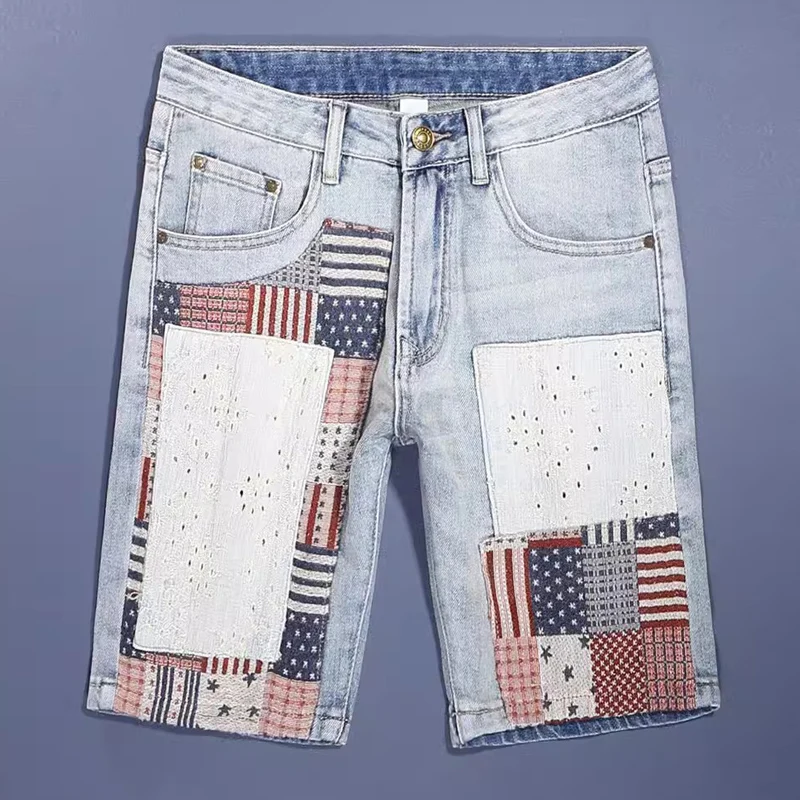 Summer Fashion Men's Light Blue Jeans Retro Elastic Slim Fit Split Short Jeans Homme Patch Designer Hip Hop Denim Shorts for Men