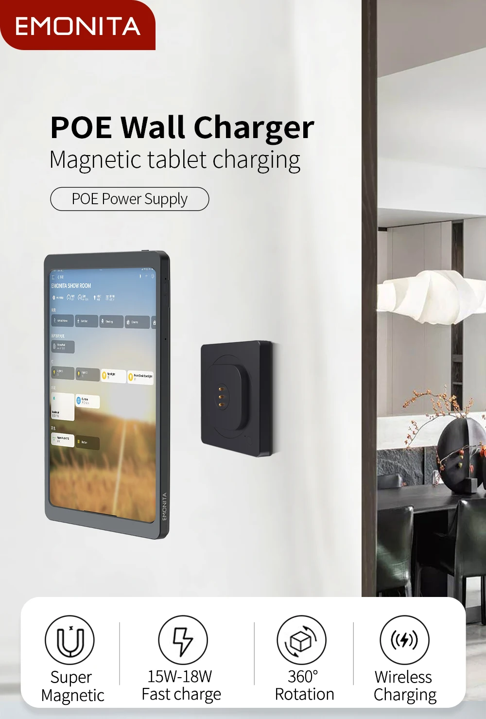 

EMONITA Wireless Wall Mount Magnetic Charger Stand for iPad Air 11"/ 13" (M2/M3, 2025) – 86MM 18W AC Power Strong Magnetic